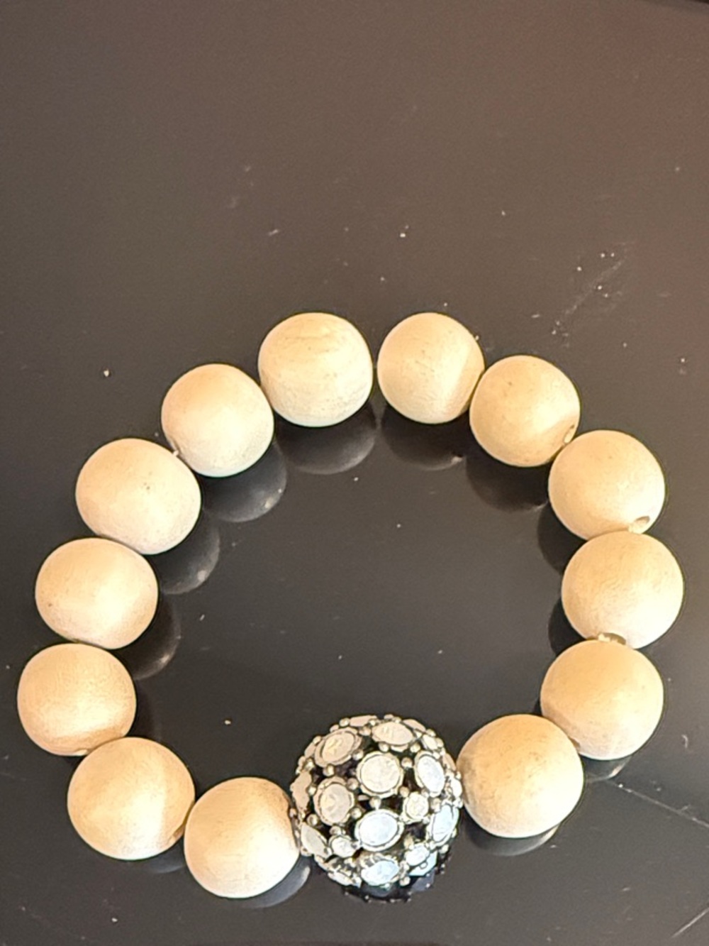 Beaded Stretch Bracelet with Rhinestone Accent - Cream
